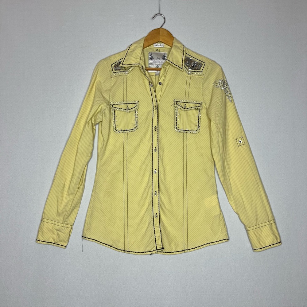 Roar Yellow Western Sequin Button Up Women’s Blouse Size L